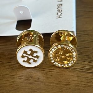 TORY  BURCH Double Sided reversible  Logo Stud Earrings WHITE NEW